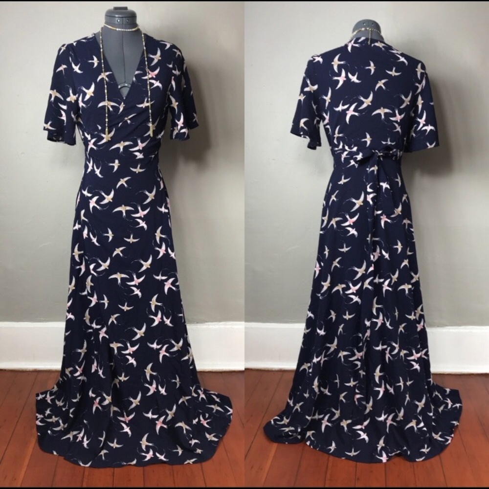 Navy Formal Maxi Wrap Dress with Sleeves